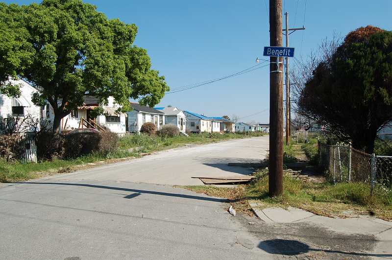 New Orleans 04-08-06 084.JPG - The intersection of Benefit Street & Alvar Street, to the west of the industrial canal in the vicinity of the 9th Ward.  The area appears a bit more upscale, but damage is still heavy.